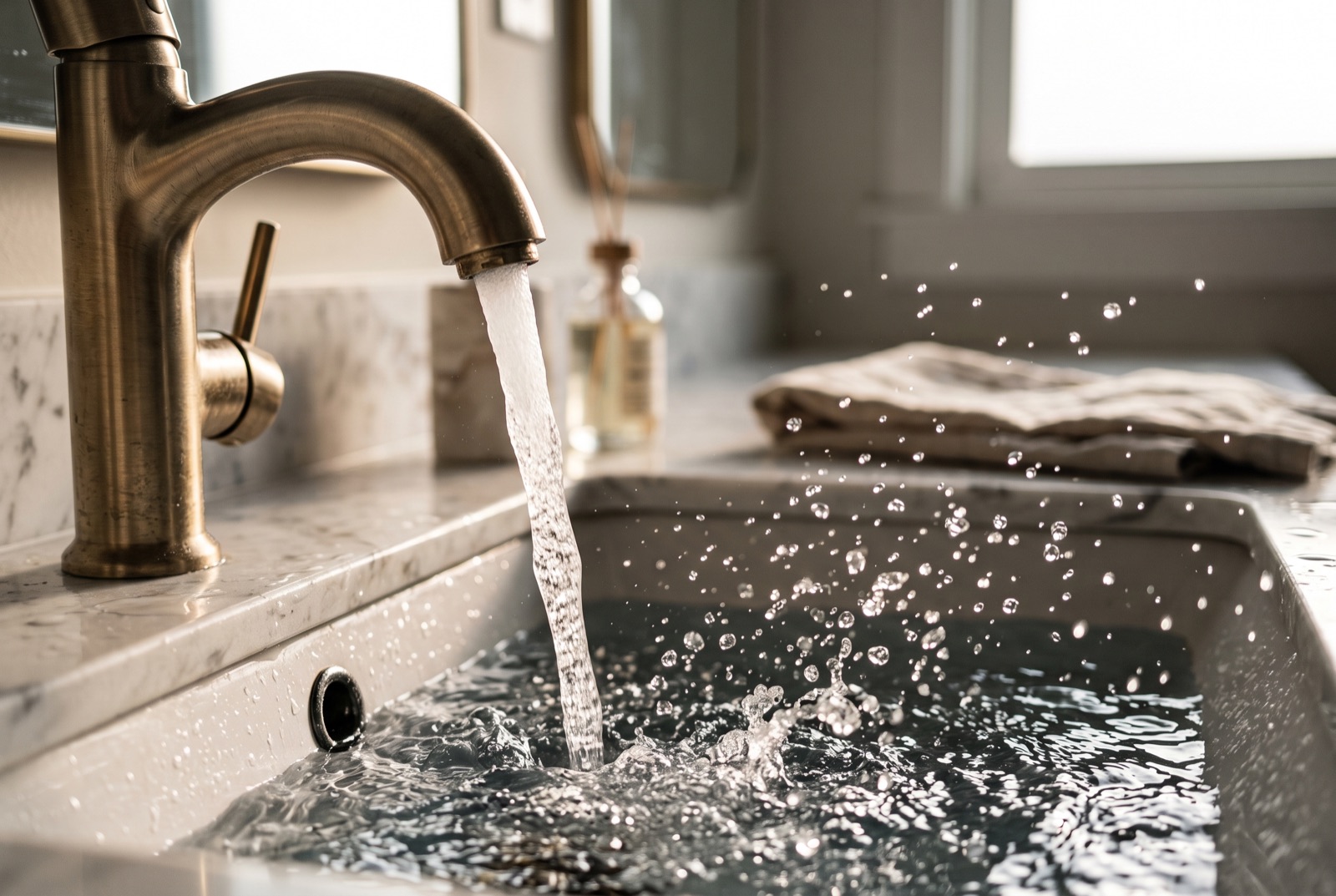 Eau coulant d'un robinet en laiton dans une vasque, en gros plan