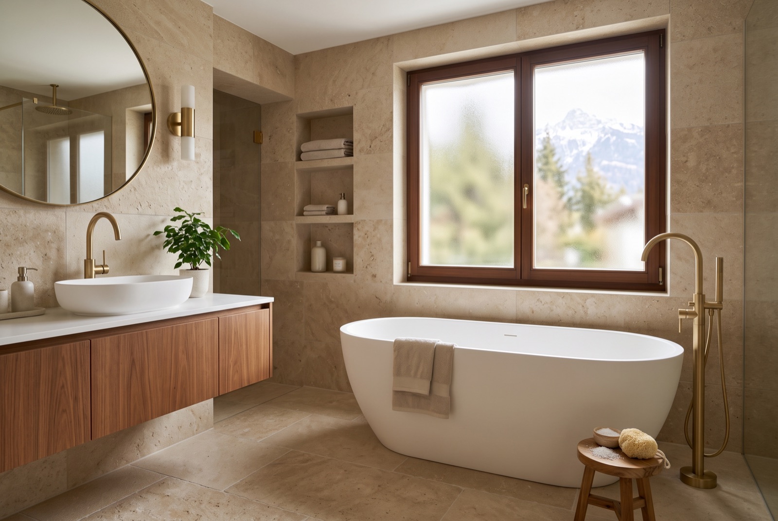 Salle de bains rénovée en pierre claire, avec baignoire îlot et robinetterie en laiton